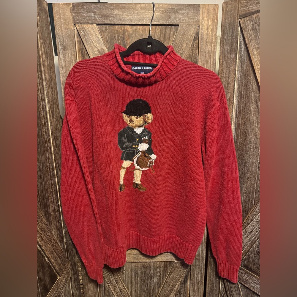 Ralph Lauren Red Crewneck Sweater with Rider Motif